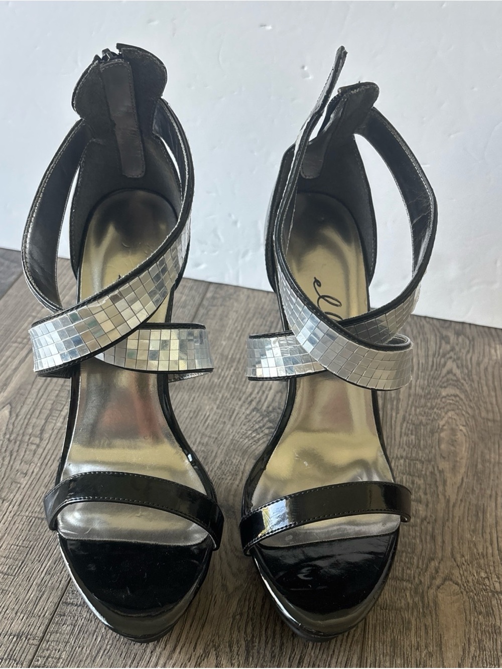 Ellie Black Patent Platform Stiletto Sandals with Silver Mosaic Straps - Picture 2 of 14